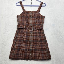 American Eagle Dress Womens XS PETITE Brown Blue Plaid Mini Button Front Belted
