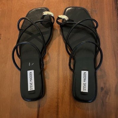 Steve Madden Women's Size 8.5 Black Strappy Flat Sandals-Metal Toe Cap