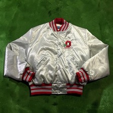 Vtg Ohio State Buckeyes Holloway Satin Bomber Jacket XL Silver Red USA Made