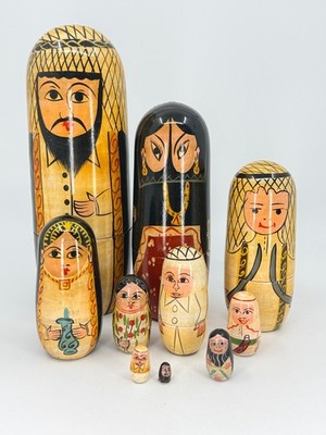10 Piece Wooden Arabic Persian Sheik Family Nesting Dolls RARE Hand painted MINT