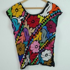 Blusa Jalapa Mexicana Bordada Huipil S M Top Boho Multicolor Pájaro Floral