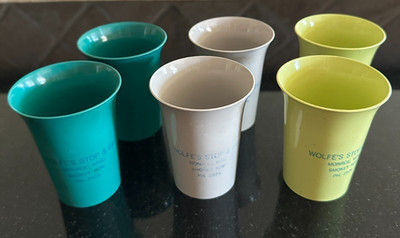Vtg MCM SteriLite Set of 6 Plastic Juice Cup Promotional Monroe WI Wolfe Cafe