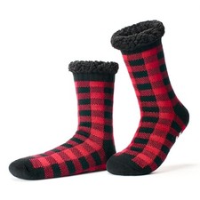 Cozylook Men's Fuzzy Slipper Socks - Non-Slip Grips, Thermal 11-14 Red/Black