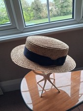 Burgess Boater Hat With Black Ribbon.100% Natural Straw, Unisex Size Lage