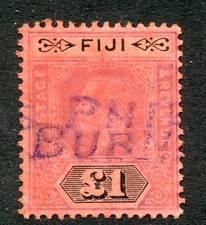 Fiji 1914 GV £1 purple and black/red die I SG137 used faded & straight line pmk