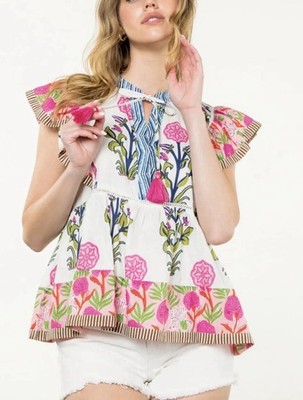 THML Maxine Flutter Sleeve Print Tassel Tie Top Bohemian Floral Swing Size M
