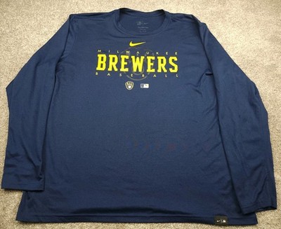 Milwaukee Brewers Nike Dri Fit T Shirt Mens 2XL XXL Blue Long Sleeve Wisco Brew