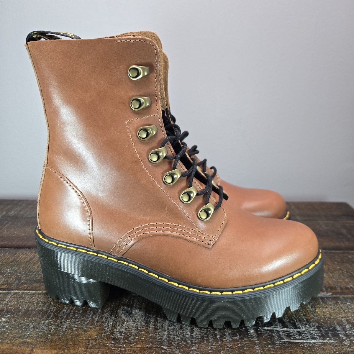 Doc Martens Leona Womens Size Lace Up Heeled Boots Brown Leather