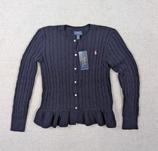 NWT Polo Ralph Lauren Girl's Large Cable Knit Peplum Cardigan Sweater Navy Pink