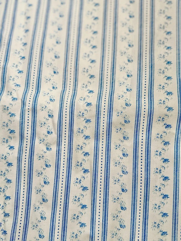 VTG Pillowcase Ticking Blue Stripes Flowers Cotton Fabric End Seamed 4 Yards LOT - Image 2 of 2