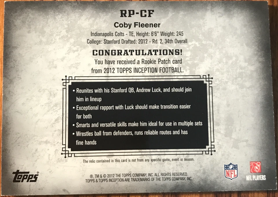 2012 Topps Inception Rookie Relics Patch Coby Fleener RP-CF #’d 184/210 - Image 2 of 3