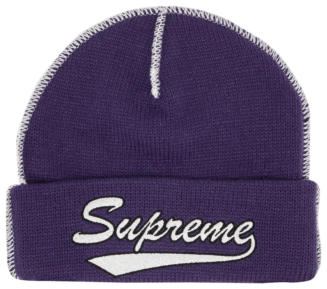 NEUF Bonnet Supreme Contrast Stitch F/W 2022 Hiver Violet 3/6 Blanc