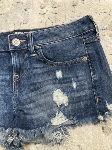 Express Shortie Relaxed Low Rise Cutoff Jean Shorts Sz 2 Blue Distressed short - Picture 3 of 7