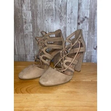 Women's Christian Siriano For Payless Beige Lace Up Block Heels Size 7