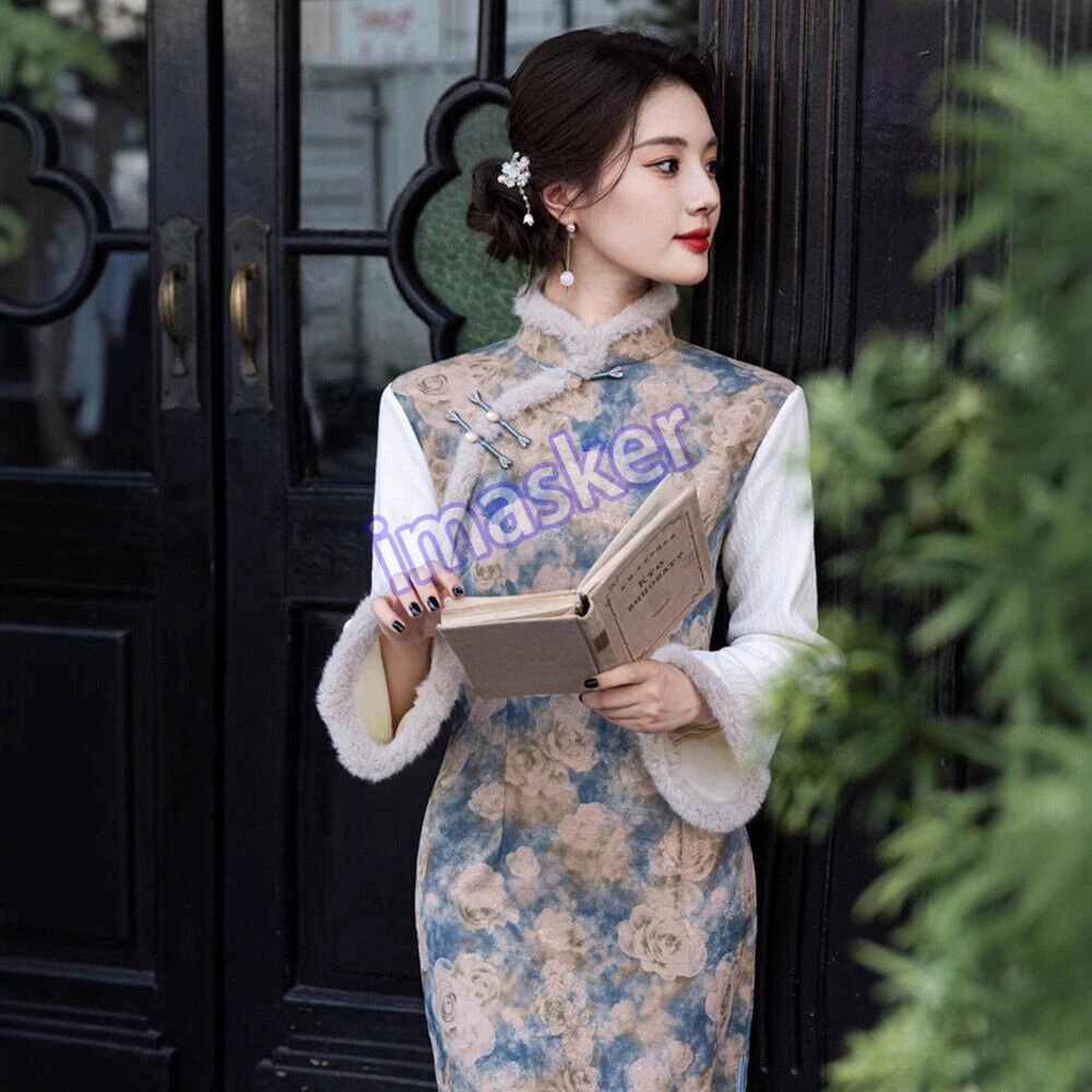 OFF WHITE Abito donna invernale stile cinese Qipao stand colletto medio lungo spacco laterale Cheongsam