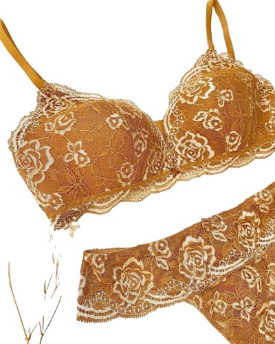 Soutien-gorge Push-up Beige à Dentelle Orange Et Nœud Satin - Taille 28B, Sans étiquette
