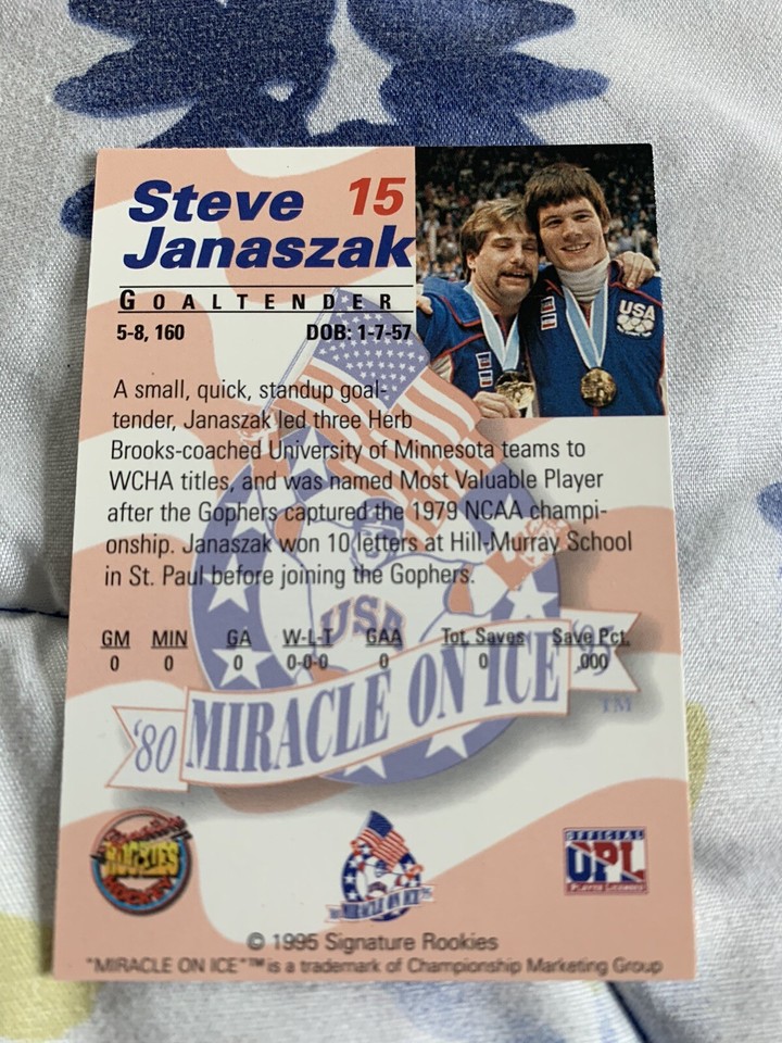 Steve Janaszak signed Miracle on Ice card. 1980 USA Hockey goaltender ...