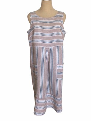 J. Jill Love Linen Dress White Tan Blue Striped Front Pockets 100% Nubby  Linen S | eBay