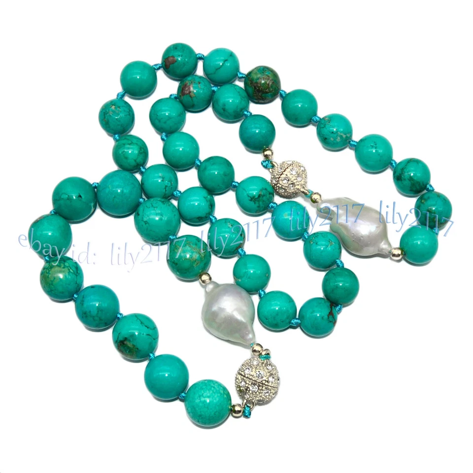 Natural Green Turquoise Round Gems White Keshi Baroque Pearl Necklace Bracelet - Image 3 of 4