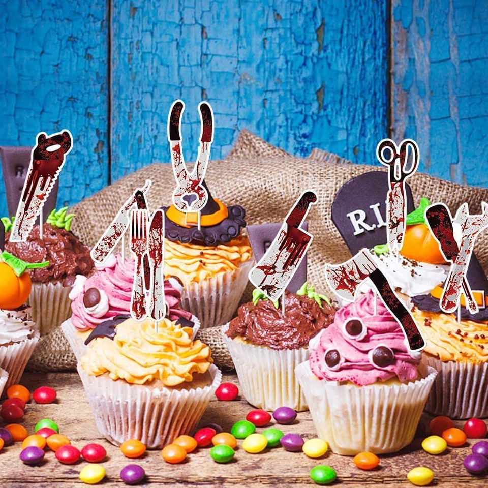 mdgfge Halloween Cupcake Toppers Wrappers Kit Bloody Zombie Hand Knife