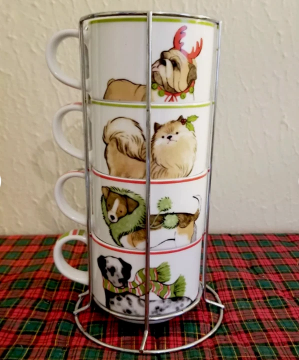 Pier 1 PARK AVENUE CACHORROS - NAVIDAD Perros 8oz JUEGO DE TAZAS APILABLES Y ESTANTE Foto 2 de 3