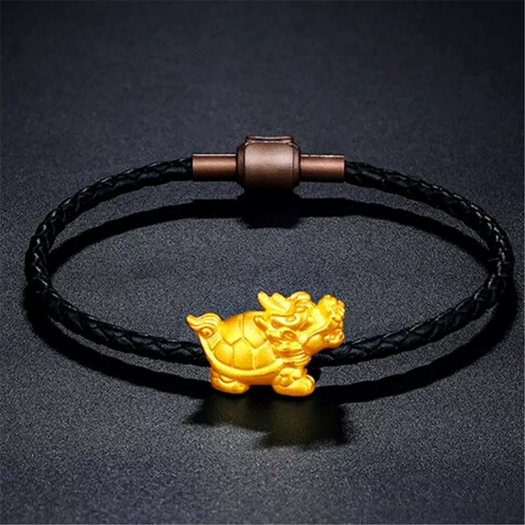 1pcs Pure 999 24K Yellow Gold Men Women 3D Lucky Dragon Turtle Bracelet