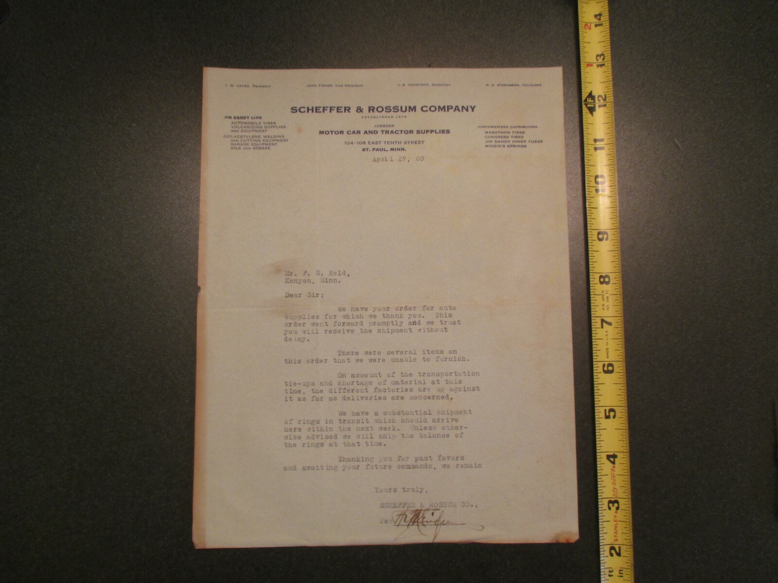 1920 Scheffer Rossum Motor Car Tractor Supplies Minnesota MN Letterhead Ad