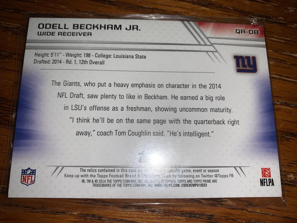 2014 Topps Prime Quad Rookie Relic Odell Beckham, Jr. 33/75 Baltimore Ravens - Image 2 of 2