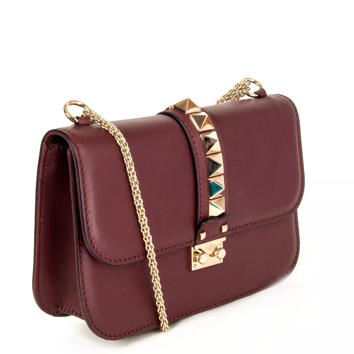 63577 auth VALENTINO burgundy leather ROCKSTUD MEDIUM GLAM LOCK Shoulder Bag eBay