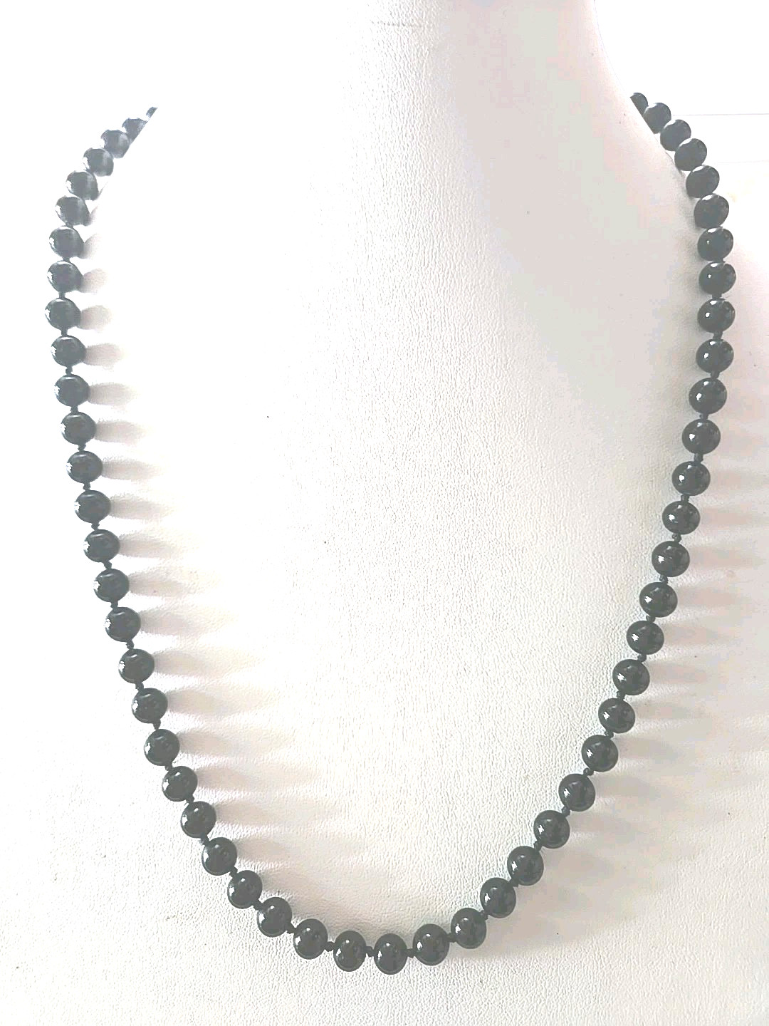 Vintage Monet Black Onyx Knotted Round Glass Beaded Gold Tone Necklace.