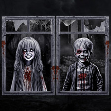 2 Pack Scary Halloween Ghost Curtain Decorations - Spooky Girl and Boy Window Co