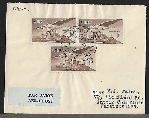 IRELAND DUBLIN BAILE ATHA CLIATH TO UK AIR MAIL 3p RATE ON FIRST DAY COVER 1949