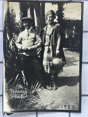 1923 Snapshot Photo Boy & Girl Walking path Hat, Coat Holding Ball  Garden Scene