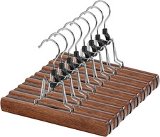 12 Pack Wooden Pants Hangers with Clips, Non-Slip Skirt Hangers, Walnut Finish