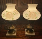 Vtg Milk Glass Floral Painted Brass Marble Hurricane Set Of 2 Table Lamp 12" T
