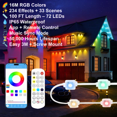 GOEBLESON 100FT Permanent Outdoor RGB & White Eave Lights 72 LEDs with APP Control IP65