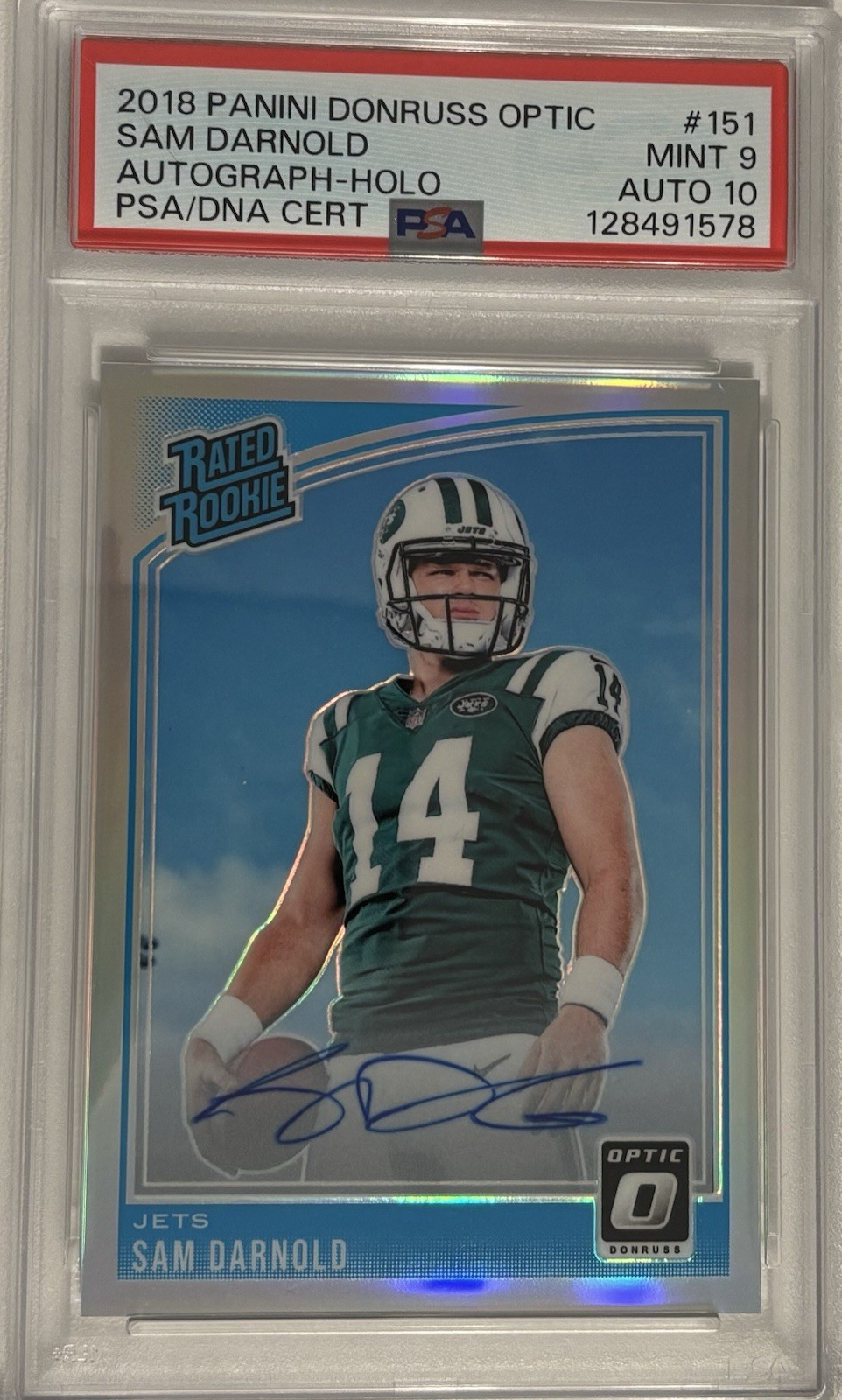 Sam Darnold 2018 Donruss Optic Rated Rookie Holo Prizm Auto /99 PSA 9 Auto 10