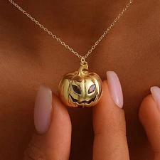 14K Gold Filled 3D Pumpkin Pendant Necklace Halloween Spooky Necklace Gift