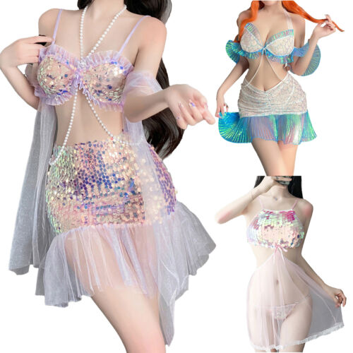 Women Outfits Party Nightwear Funny Lingerie Set See-through Costume Beads Bra - Afbeelding 1 van 32