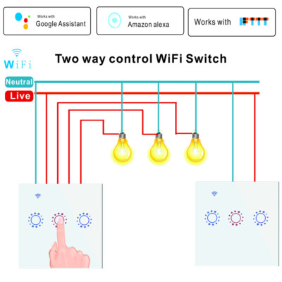 2PCS 2 Way Smart Life WiFi Light Touch Switch 1/2/3 Gang EU Panel fr Google Home