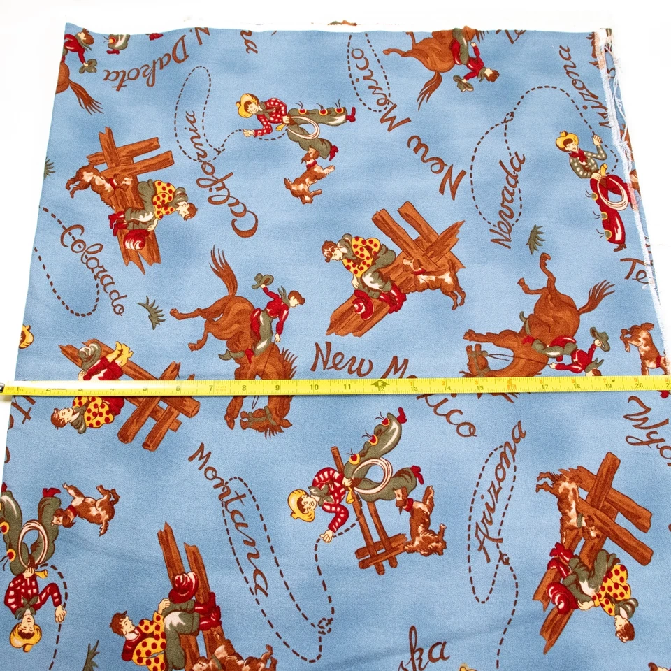Dude Ranch Moda Barkcloth Fabric BTHY Cowboys Horses on Blue Half Yd Rising Sun - Image 3 of 3