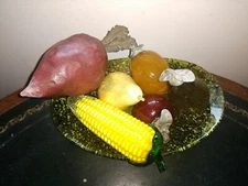 Antique Crackle Glass Fruit, Onyx Pear, Murano-style Corn and Blown Glass Dish