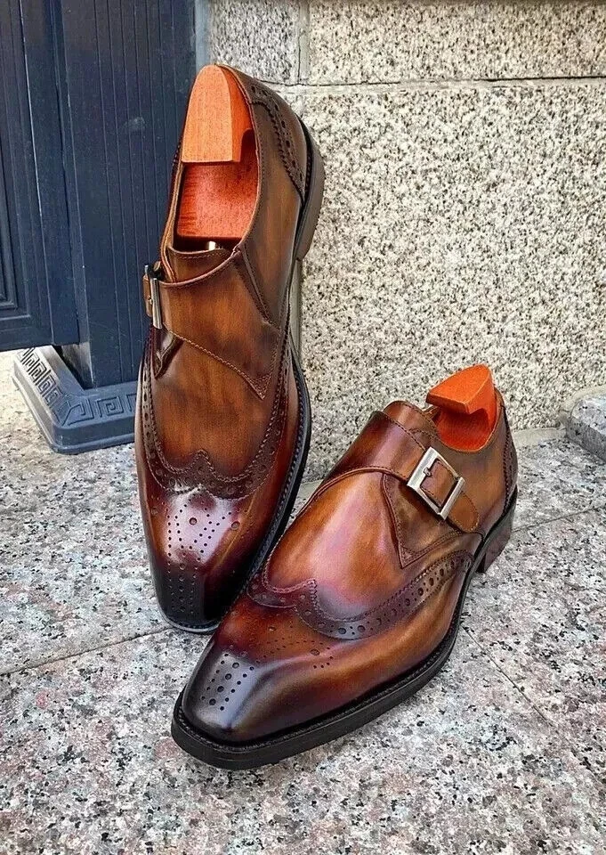 Men's Handmade Brown Leather Signal Monk Strap Wingtip Dress Shoes for men
