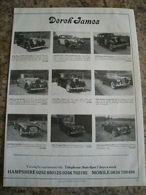 DEREK JAMES CAR SELECTION ROLS DELAGE BENTLEY MGA 1989 ADVERT CA. A4 FILE K