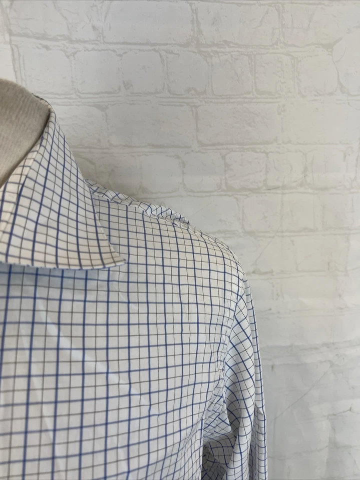 Tom James Men's White & Blue Plaid Dress Shirt 15.5 - 16 31/32 $158 - Image 2 of 4