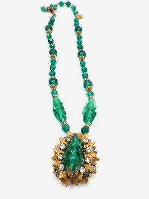 Miriam Haskell Green Glass And Russian Gold Pendant Necklace - Signed- Rare 
