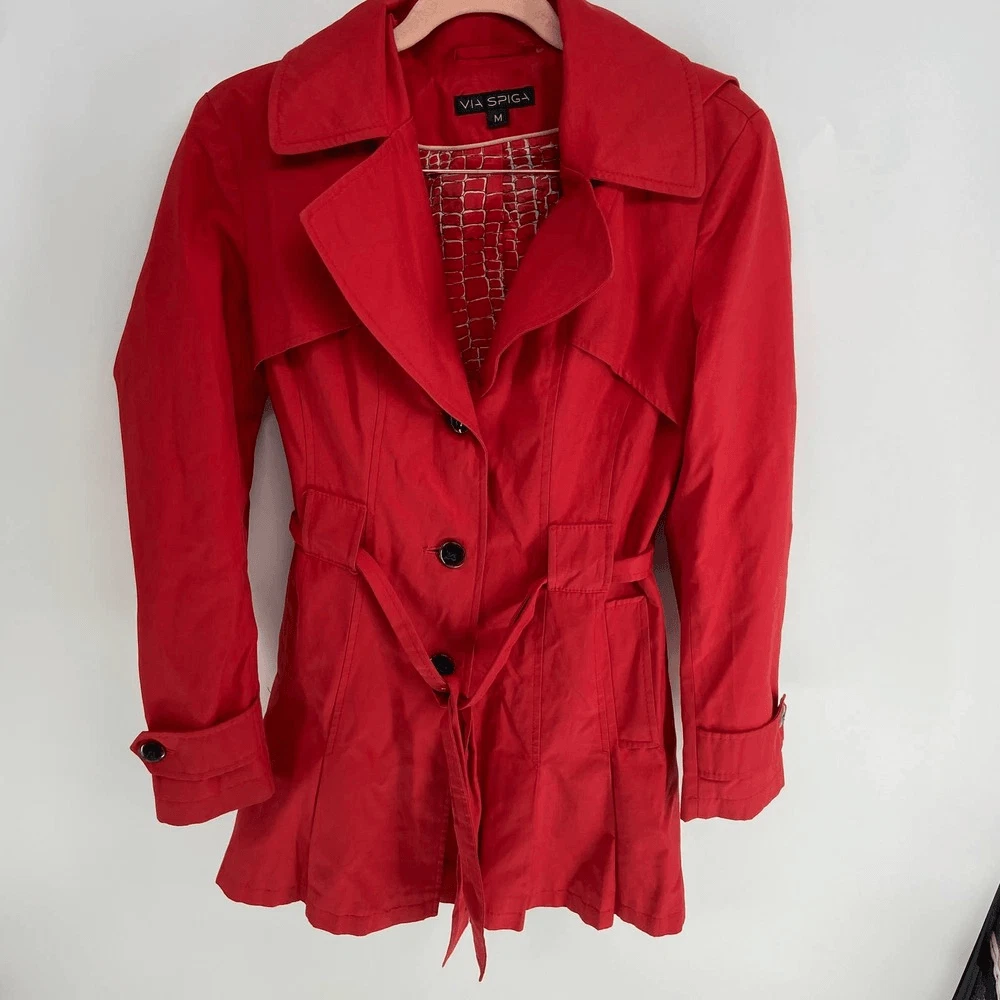 Via Spiga Red Buttoned Short Trench Rain Coat Hooded Belt Women M