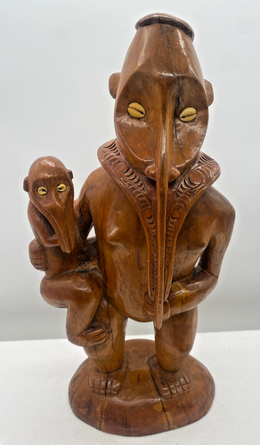 South Pacific Oceanic Hand Carved Solid Wood Vintage Statue Cowrie Shell Eyes - Picture 2 of 24