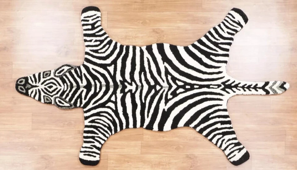 Alfombras cebra 4x6 pies hechas a mano 100 % lana acolchadas a mano para decoración del hogar Foto 2 de 4