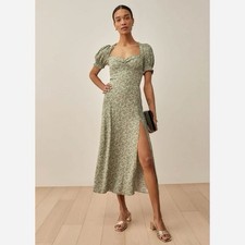 Reformation Lacey Midi Puff Sleeve Floral Women 4 Green Dress Slit 